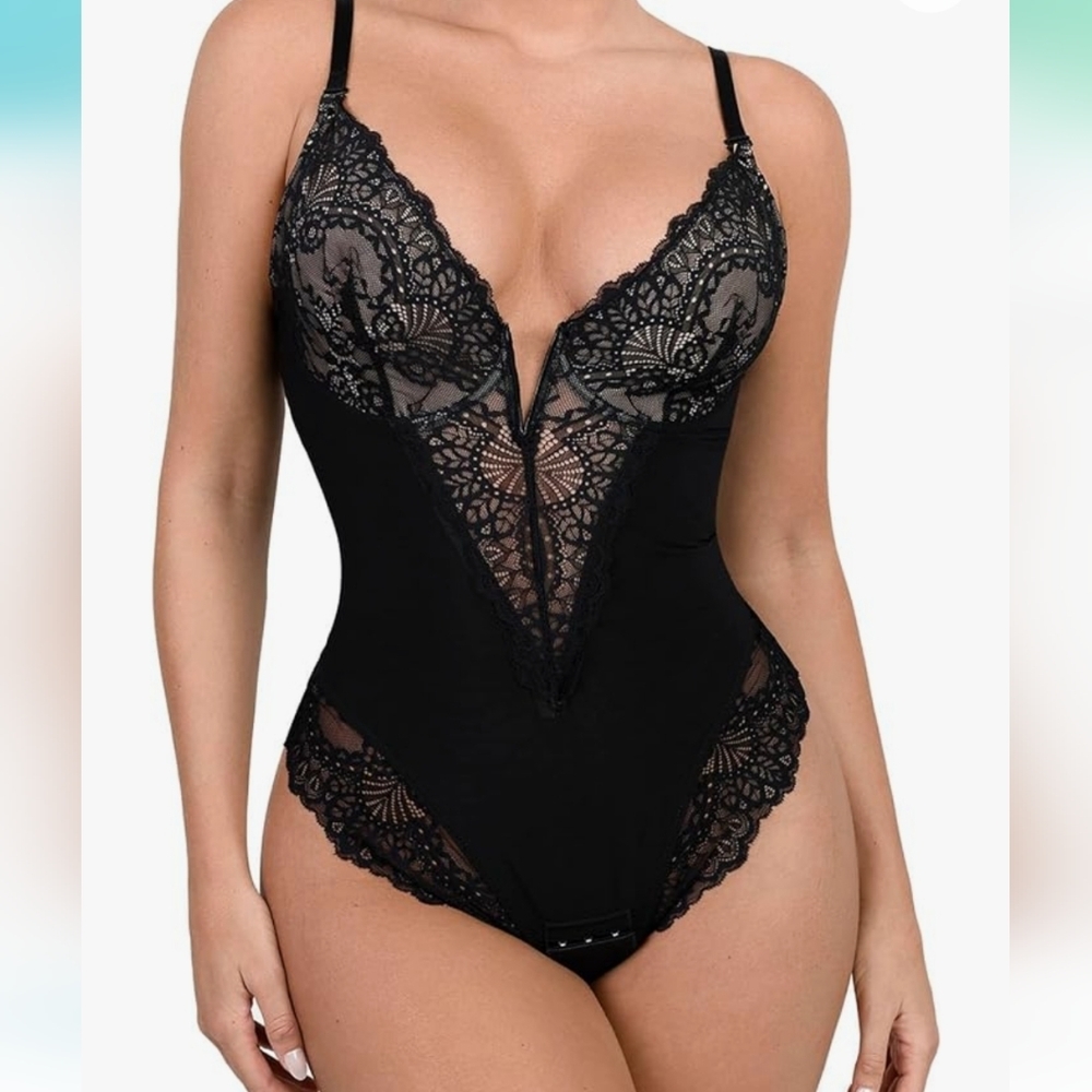 Popilush Lace Shapewear Bodysuit Women V Neck Tummy Control black Sz  XL